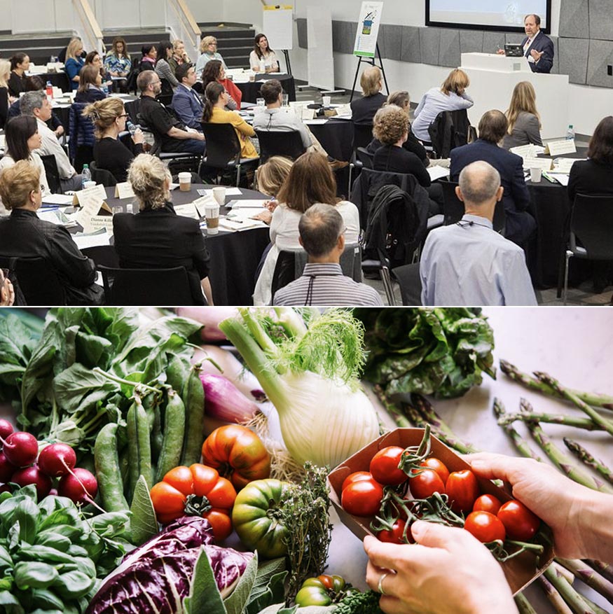 A split image of a speaking event and fresh produce